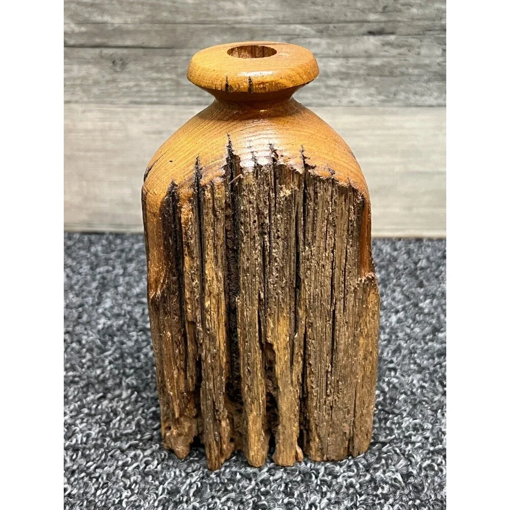 Vintage Studio Artisan Turned Wood Live Edge Sculptural Bud Vase MCM